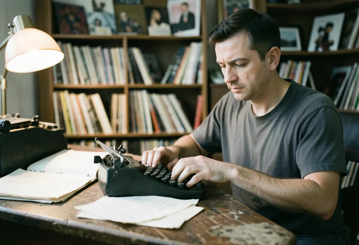Desk with sheet music, notebook, and pen under soft, diffused light, writing your artist bio.