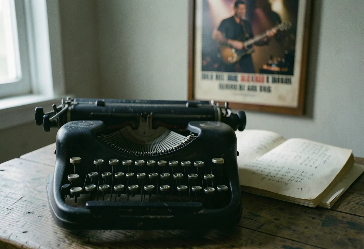 Vintage typewriter on desk, AI vs human band bio generator comparison.