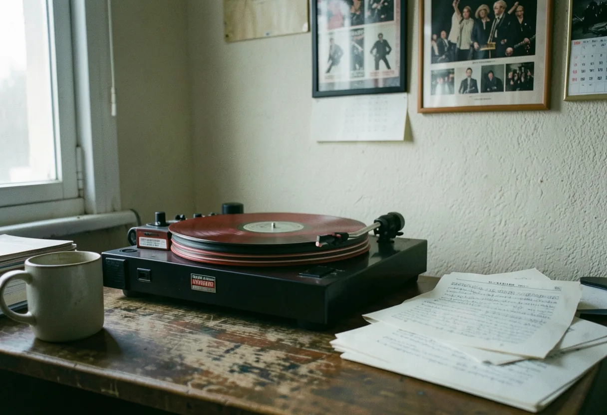 Cluttered desk with aged wood grain under soft, diffused light, Distrokid vs CDBaby comparison.