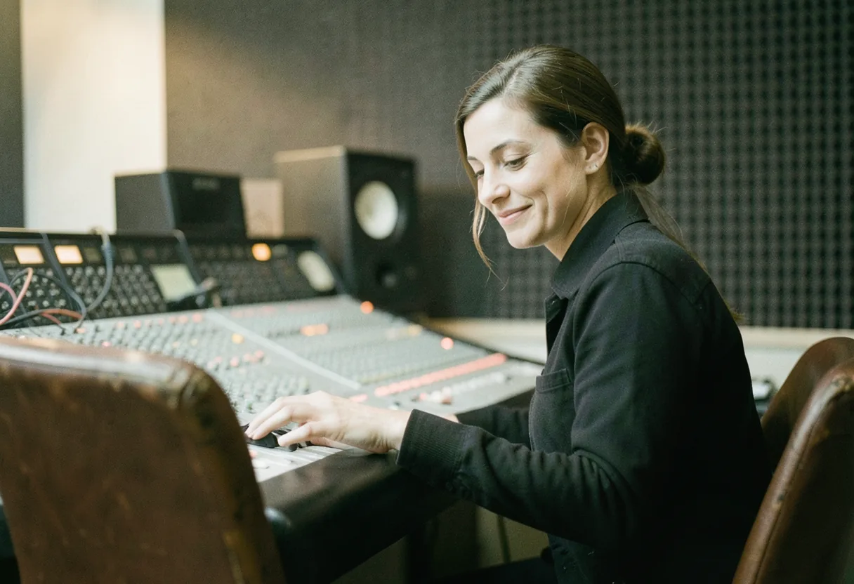 Female music producer in recording studio, breaking barriers, muted colors.