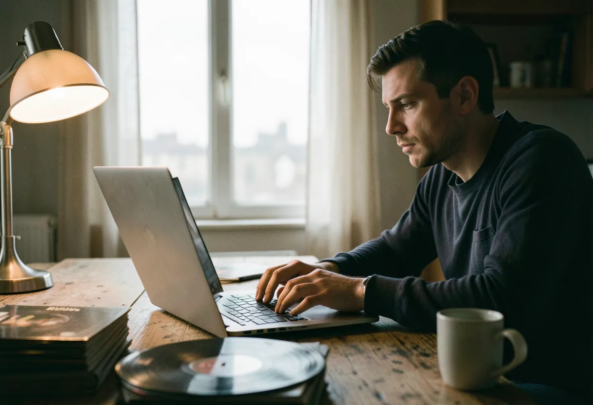 A musician reads advice on a laptop at a worn wooden kitchen table, weekly inbox advice.