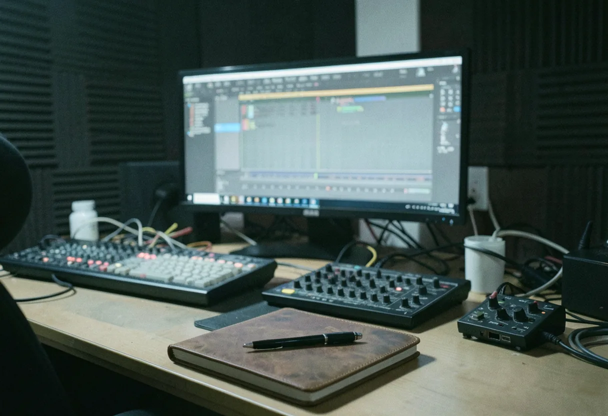 A cluttered desk with a large computer screen, keyboards, and sound equipment in muted lighting. Music producer tools.