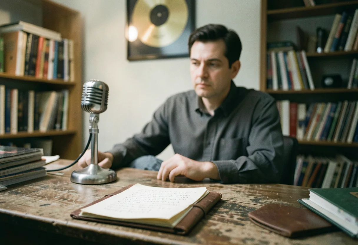 A musician surrounded by awards, instruments, and notes at a worn wooden desk. Musician career milestones.