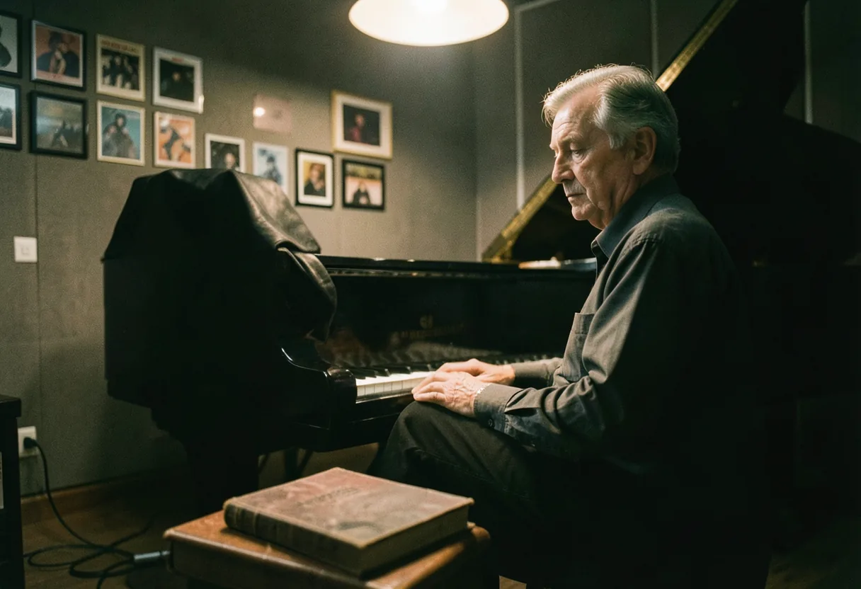 A musician sits by a vintage grand piano in a dim studio, showcasing iconic innovators.