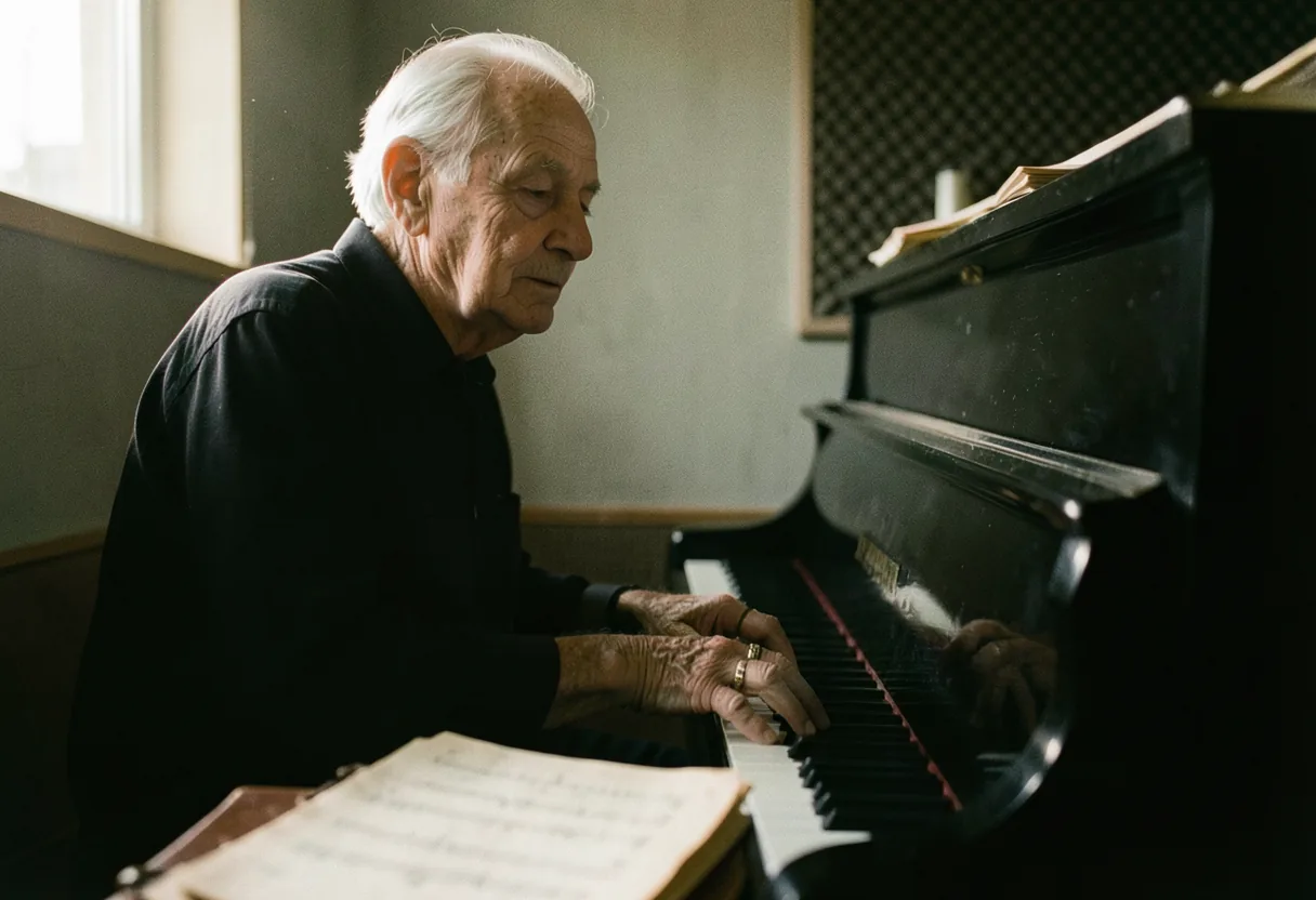 Elderly musician playing upright piano, soft lighting, muted colors, legends of music.