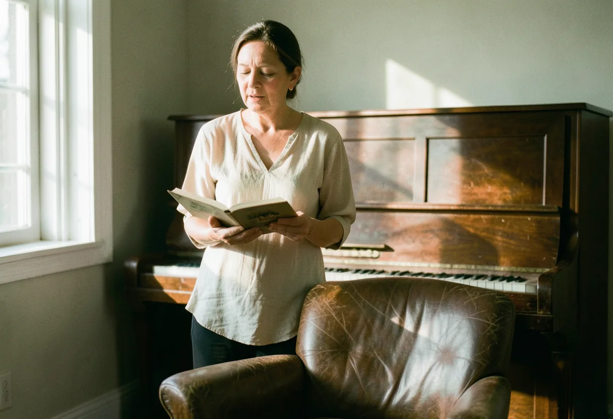 Elderly singer, vibrant expression, midground, muted colors, soft lighting, vocal longevity.