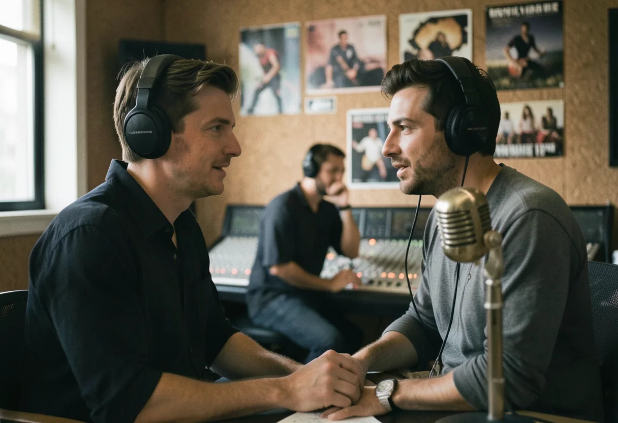 Recording studio control room with musician at mixing console, muted tones, soft lighting.