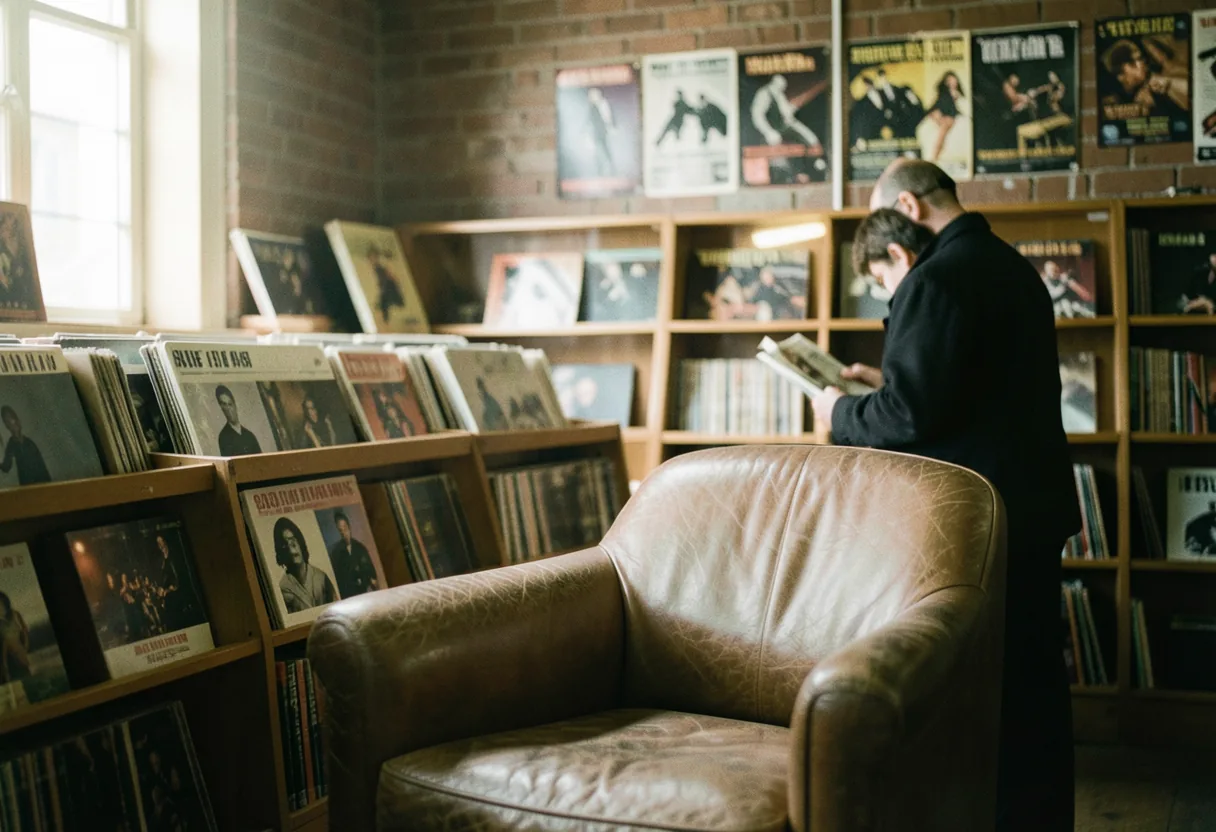 Vintage record store with wooden shelves, navigating music resources, soft lighting, muted colors.