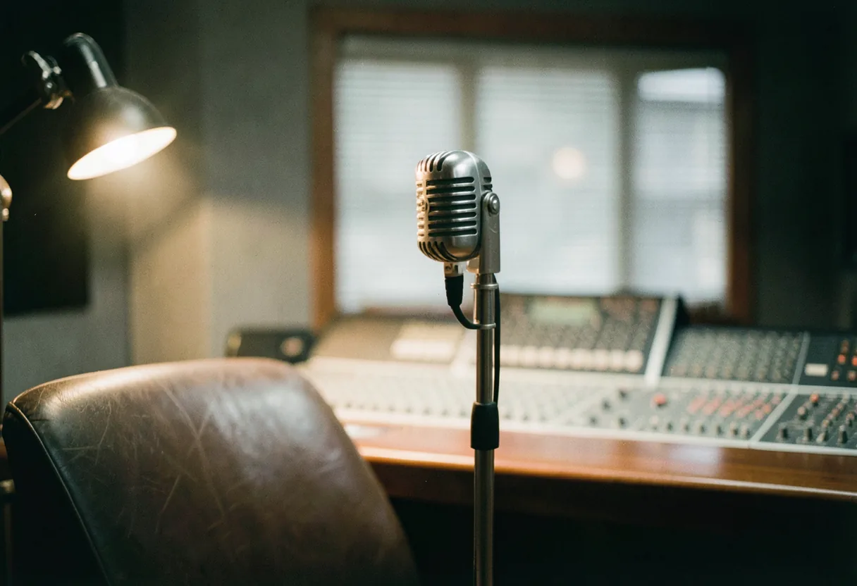Vintage microphone in dimly lit recording studio, the elevator pitch selling your sound.