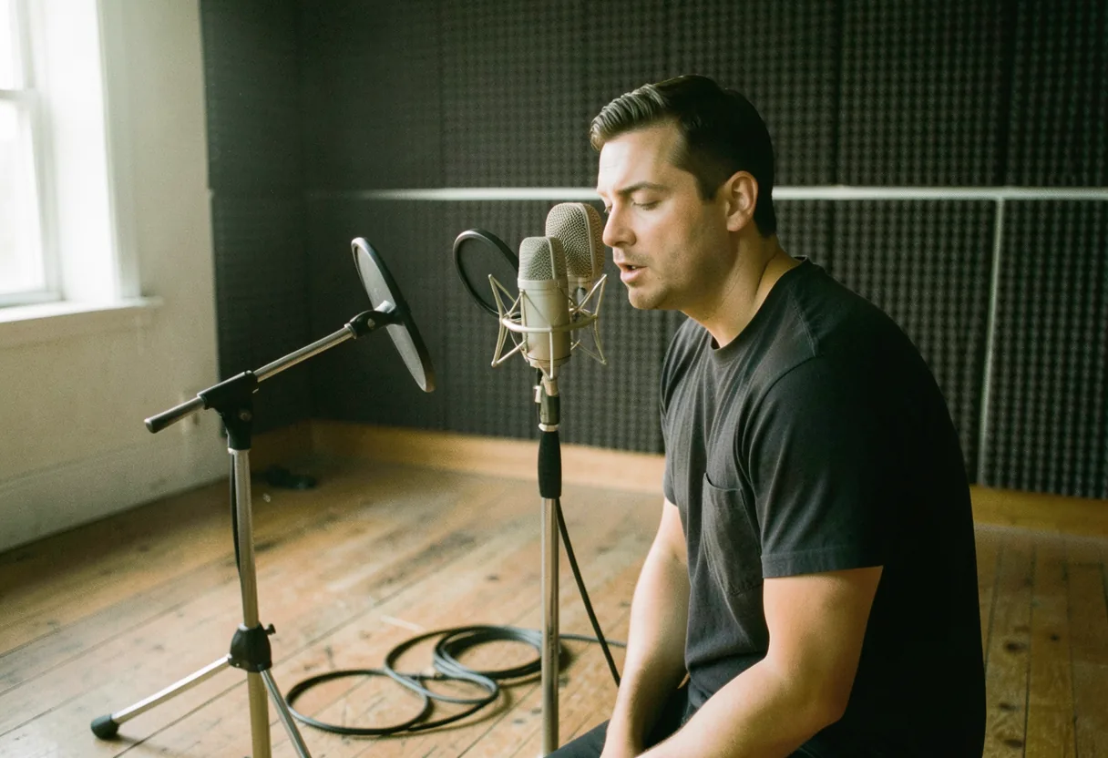 Vintage microphone stand in softly lit, wooden-floored studio for vocal recording setup guide.